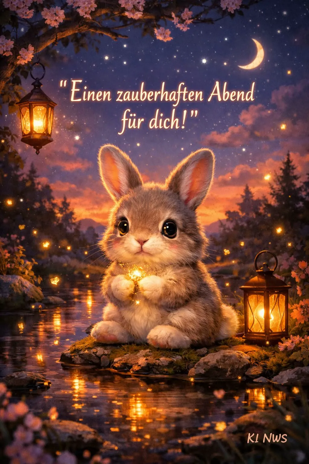 Ein süßes Häschen sitzt auf einem Felsen am Wasser, umgeben von Laternen und Sternen, mit einem zauberhaften Abendgruß.